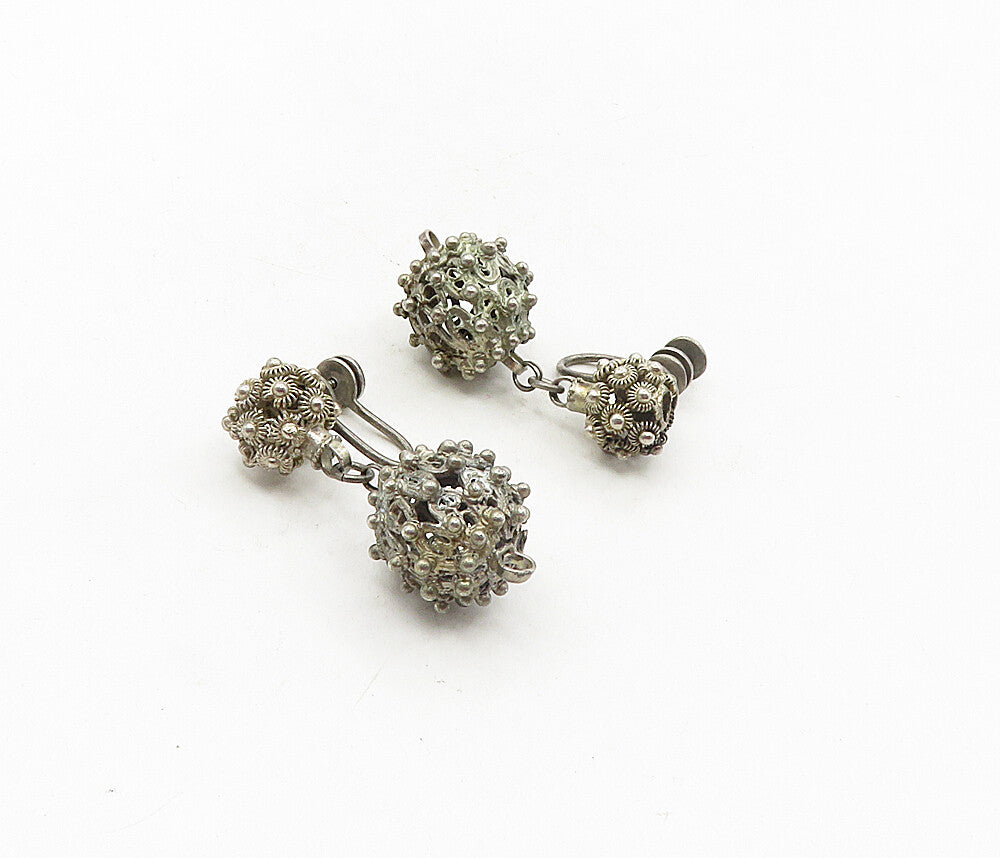 925 Sterling Silver  Vintage Antique Floral Sphere Non Pierce Earrings  EG4735