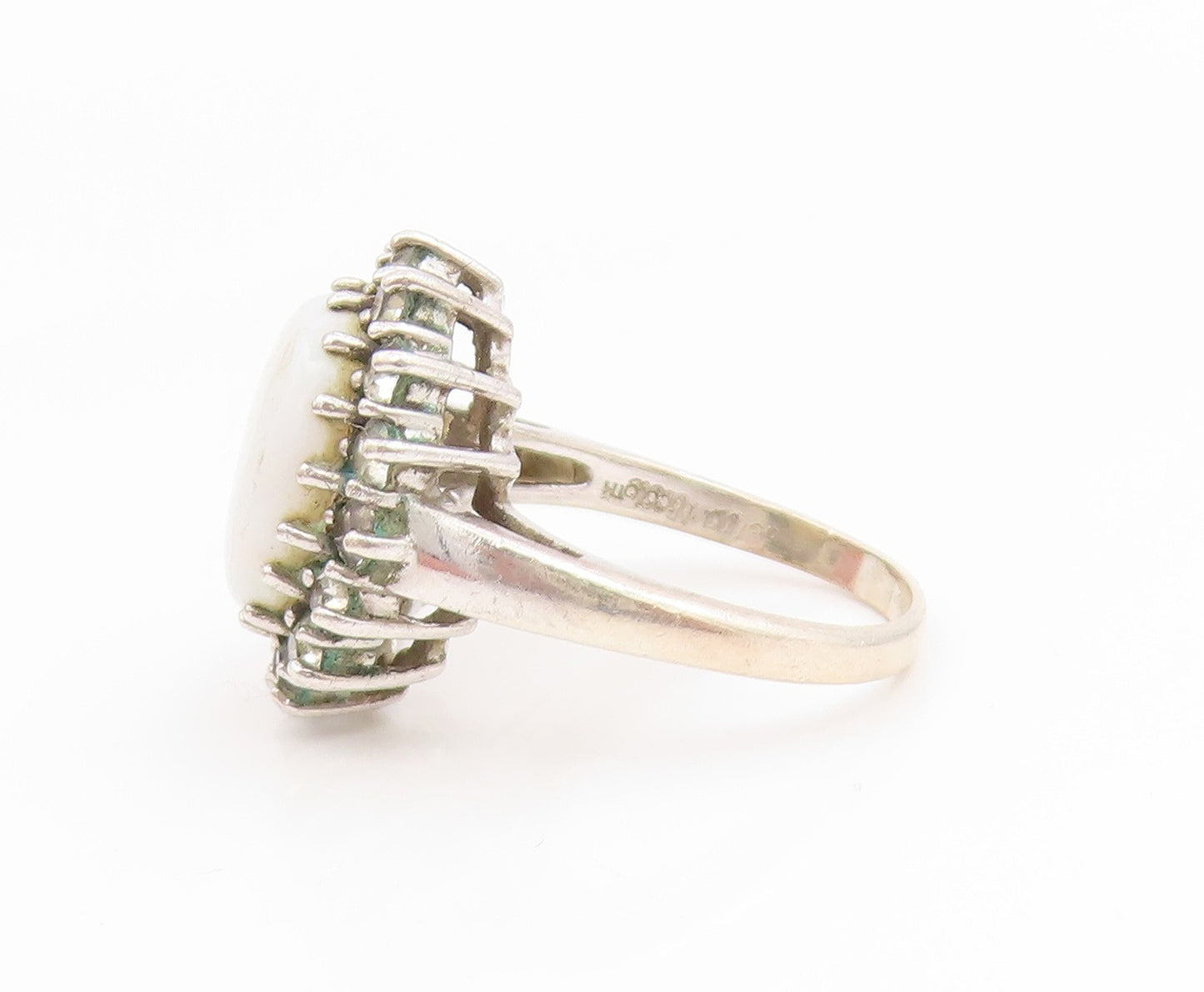 925 Sterling Silver Vintage Ring Cabochon Opal Halo CZ Band  Sz 6.5  RG35183