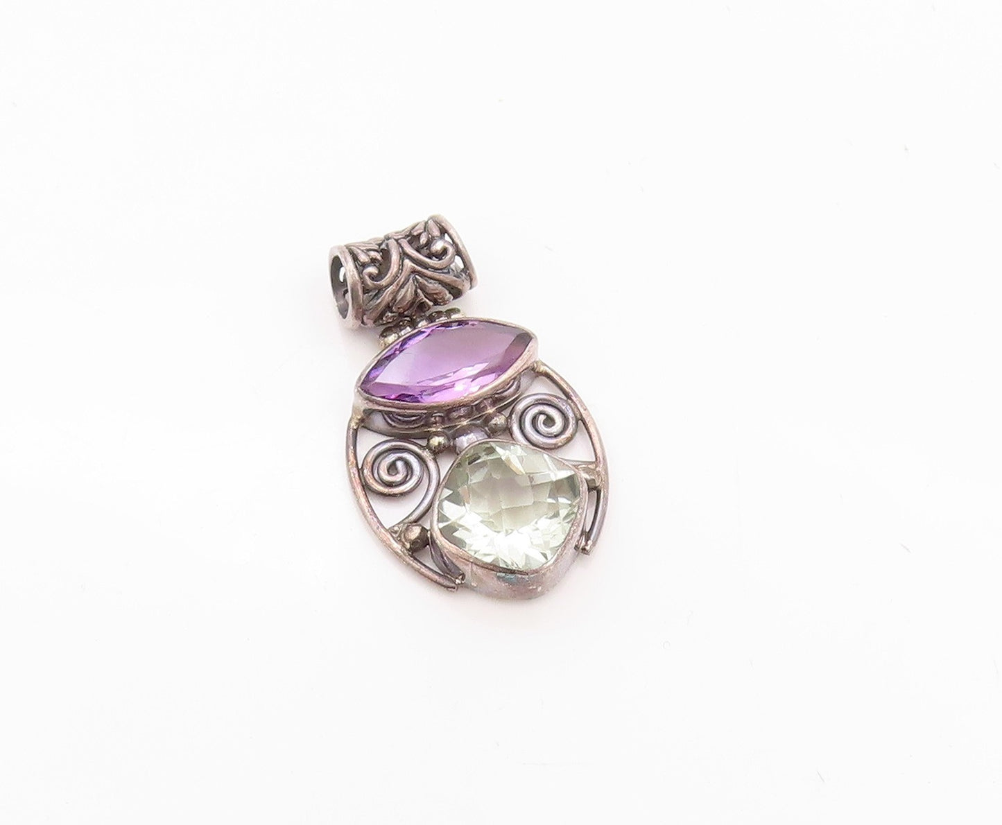 925 Sterling Silver Vintage Pendant Dark Tone Cutout Amethyst & Topaz  PT24003
