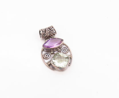 925 Sterling Silver Vintage Pendant Dark Tone Cutout Amethyst & Topaz  PT24003