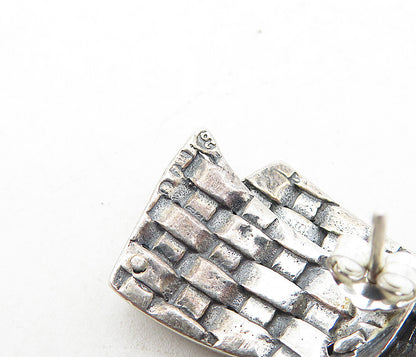 925 Sterling Silver  Vintage Modernist Basket Weave Drop Earrings  EG4047
