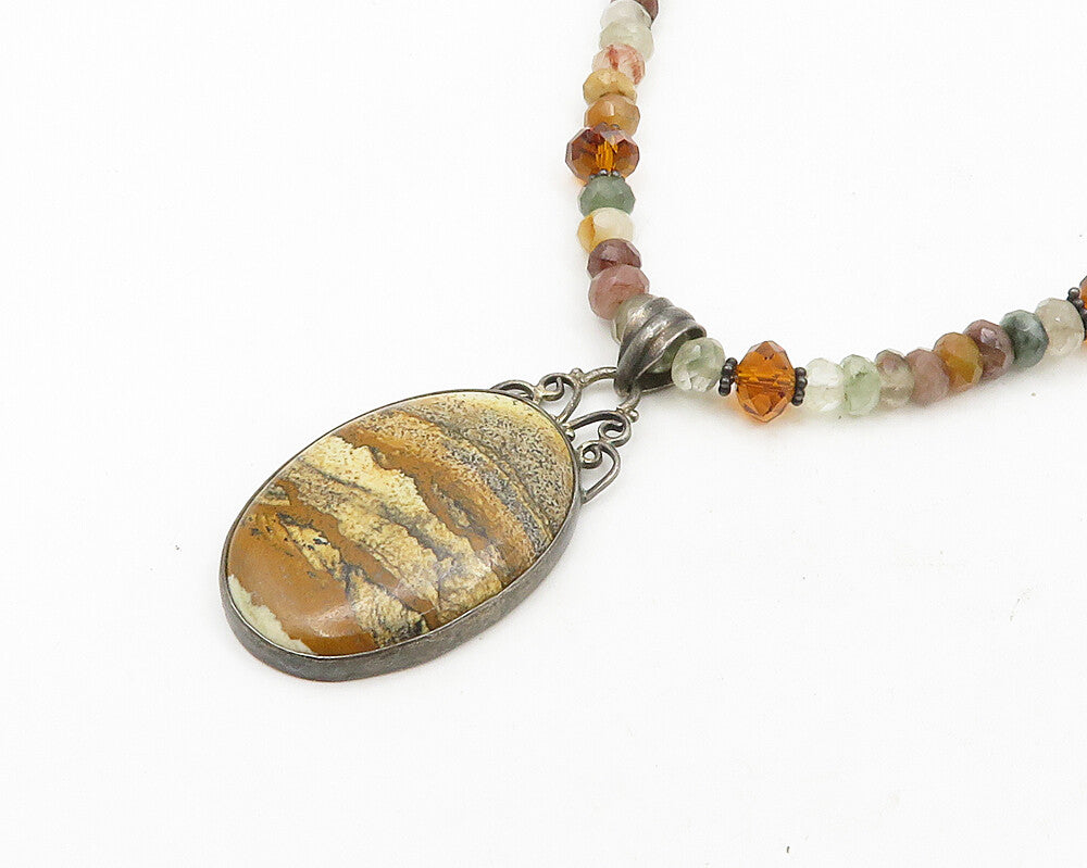 925 Silver   Vintage Jasper Quartz & Citrine Beaded Chain Necklace  NE3222