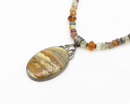 925 Silver   Vintage Jasper Quartz & Citrine Beaded Chain Necklace  NE3222
