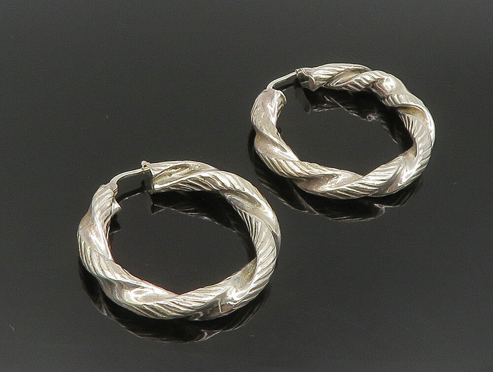 925 Sterling Silver  Vintage Etched Rope Twist Hoop Earrings  EG11581