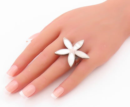 925 Sterling Silver Vintage Ring Mother Of Pearls Cutout Flower  Sz 8  RG32361