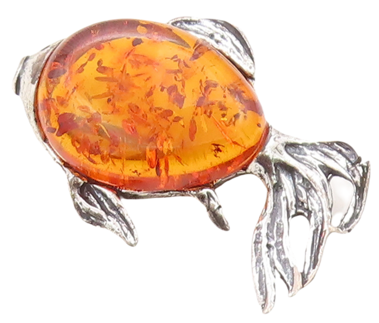 925 Sterling Silver Vintage Brooch Pin Designer Honey Amber Fish  BP11269