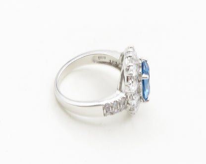 925 Sterling Silver  Shiny Blue & White Topaz Cocktail Ring Sz 9  RG18775