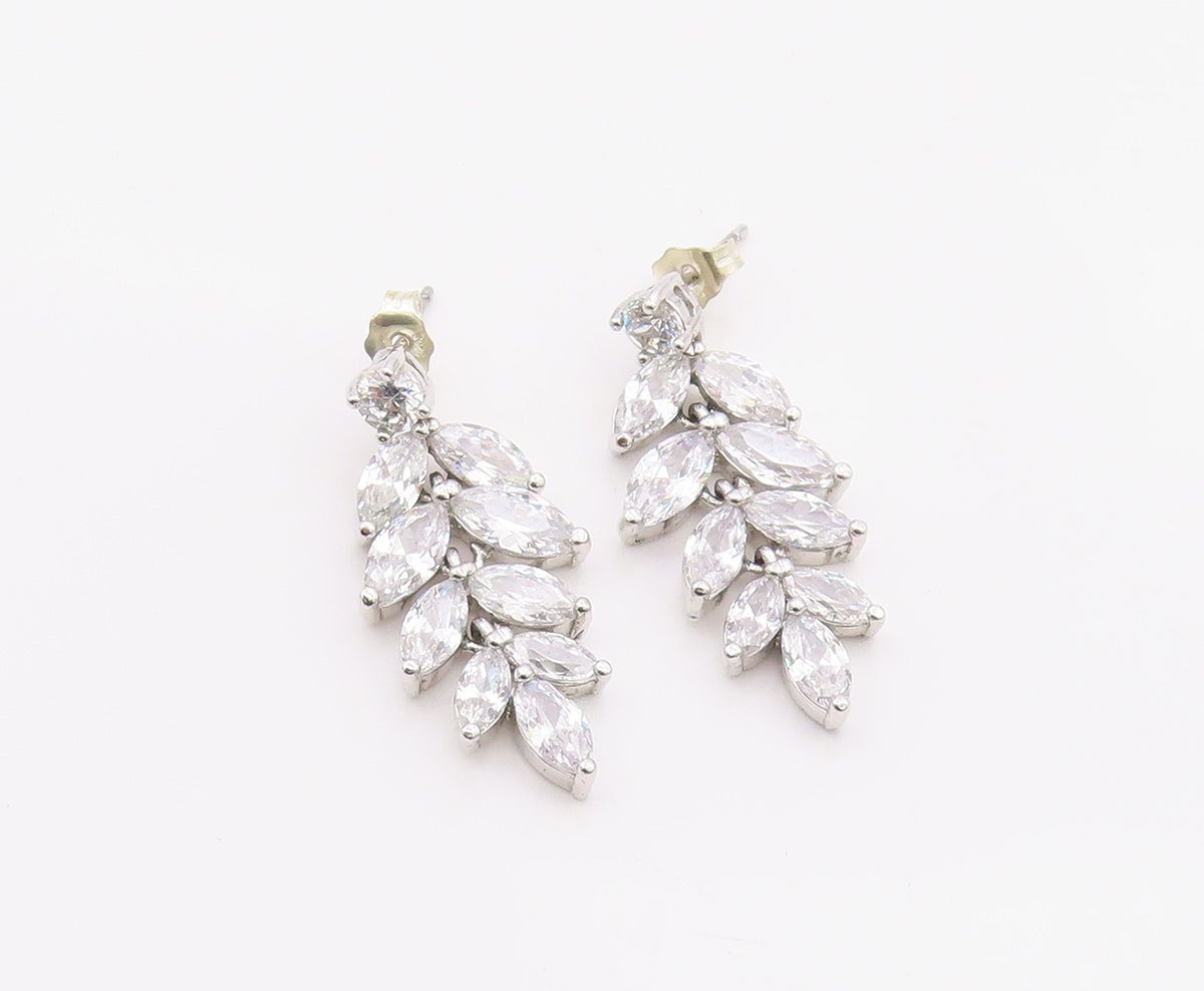 925 Sterling Silver Vintage Earrings Marquise & Round Cut CZ Leaf Drop  EG14380
