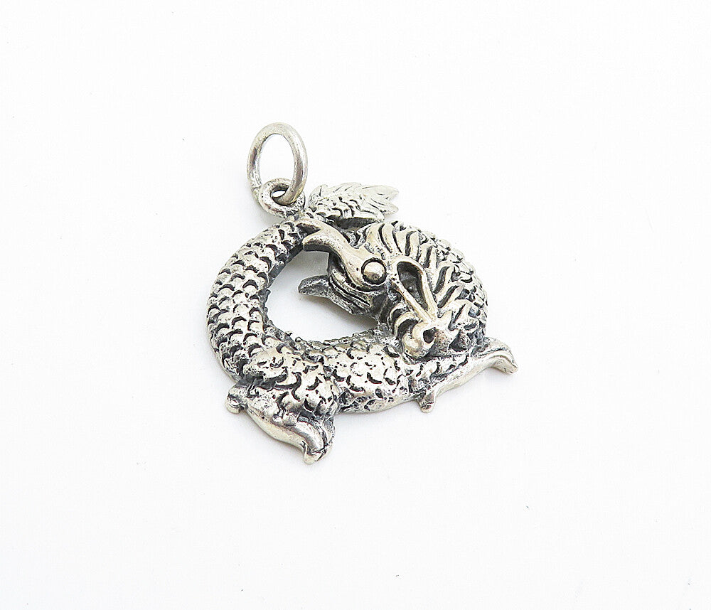 925 Sterling Silver  Vintage Dark Tone Etched Dragon Motif Pendant  PT5481
