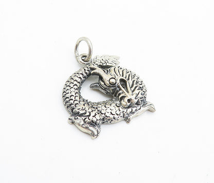 925 Sterling Silver  Vintage Dark Tone Etched Dragon Motif Pendant  PT5481