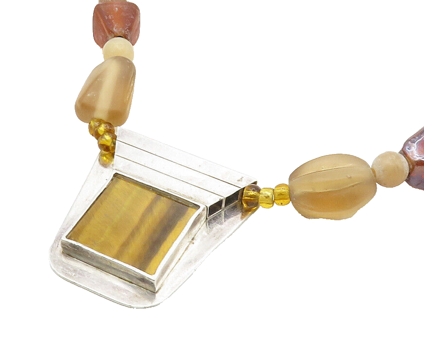 925 Silver  Vintage Tiger's Eye Agate & Carnelian Beaded Necklace  NE1886