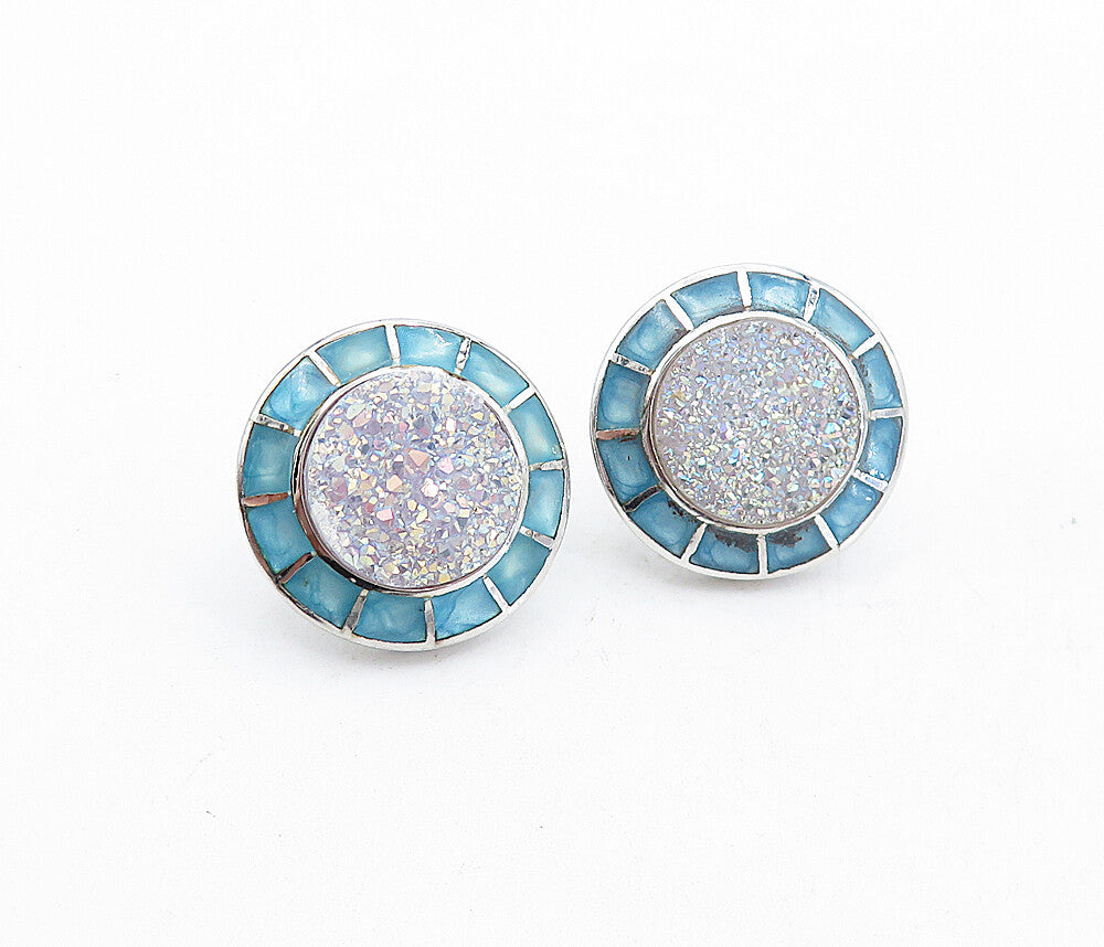 925 Sterling Silver  Druzy Stone Enamel Border Button Drop Earrings  EG2679