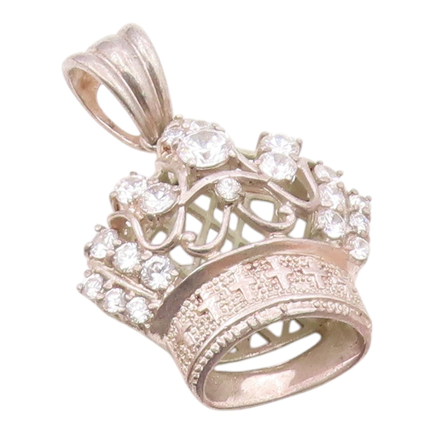 925 Sterling Silver  Vintage Cubic Zirconia Royal Crown Motif Pendant  PT15843