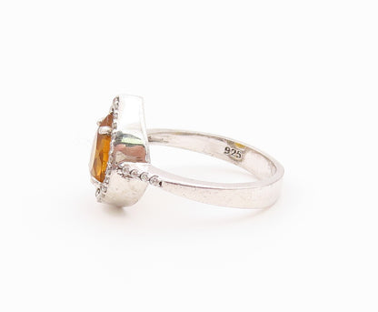 925 Sterling Silver Vintage Ring Pear Cut Citrine Halo CZ Band  Sz 7  RG36549