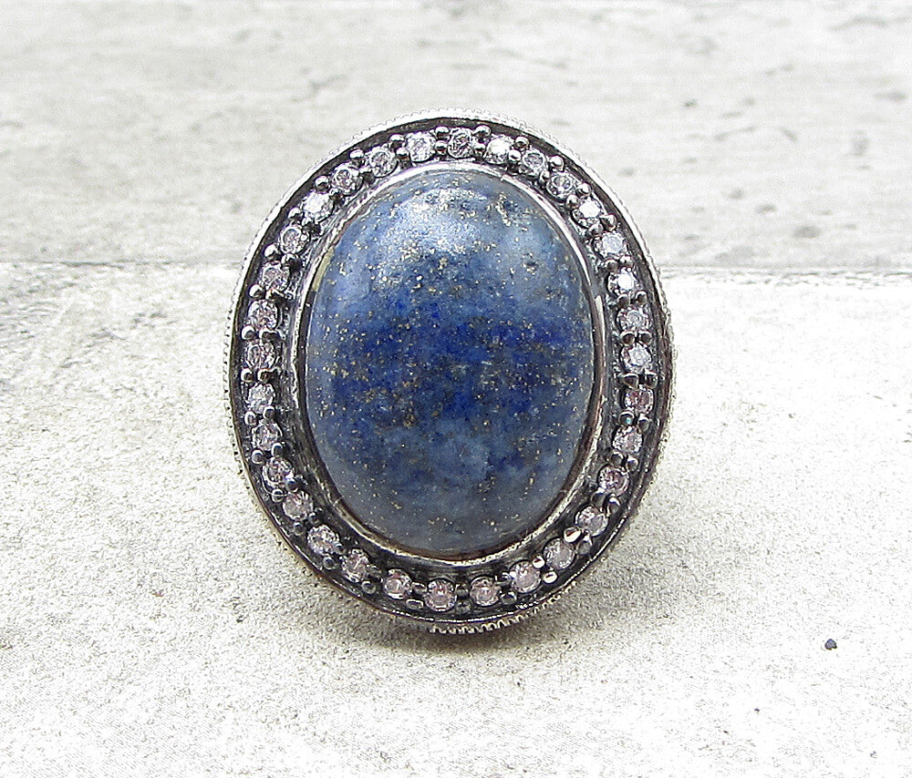 925 Sterling Silver Lapis Lazuli Topaz& Marcasite Cocktail Ring Sz 6.5 RG1656