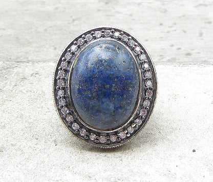 925 Sterling Silver Lapis Lazuli Topaz& Marcasite Cocktail Ring Sz 6.5 RG1656