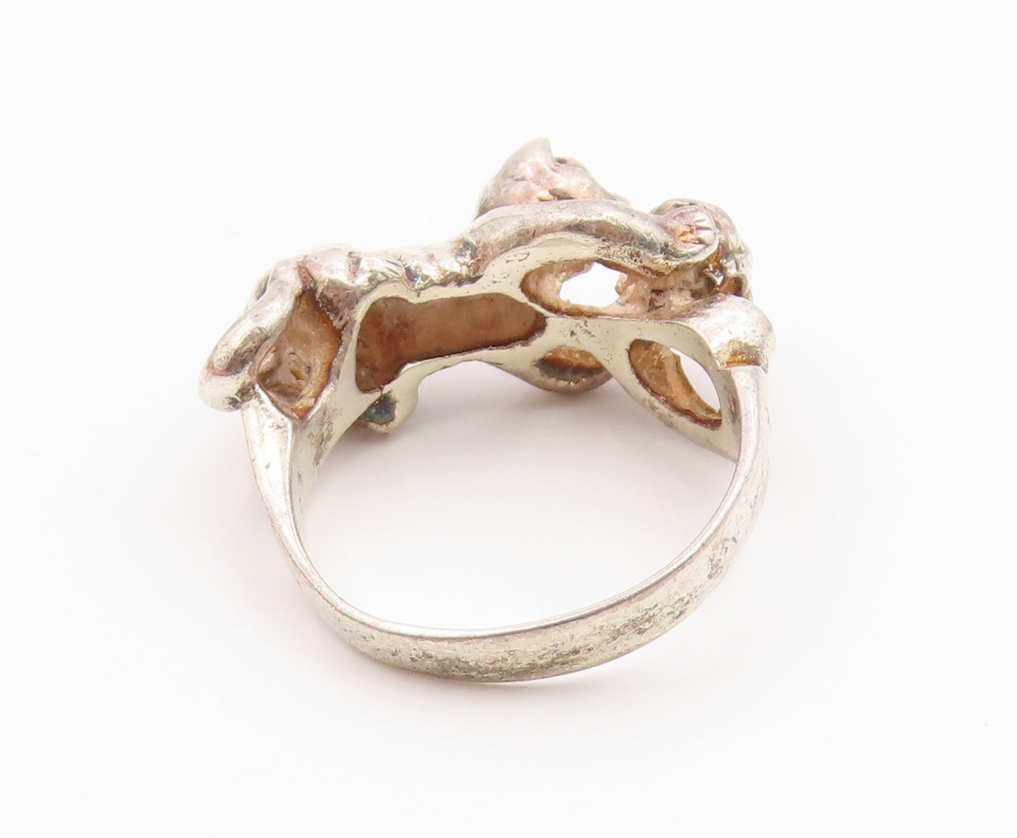 925 Sterling Silver Vintage Ring Modernist Playing Cat Motif Band  Sz 9  RG36099