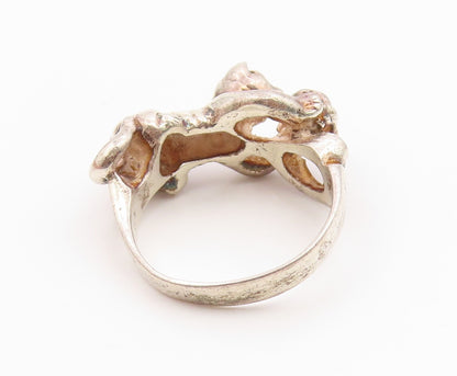 925 Sterling Silver Vintage Ring Modernist Playing Cat Motif Band  Sz 9  RG36099