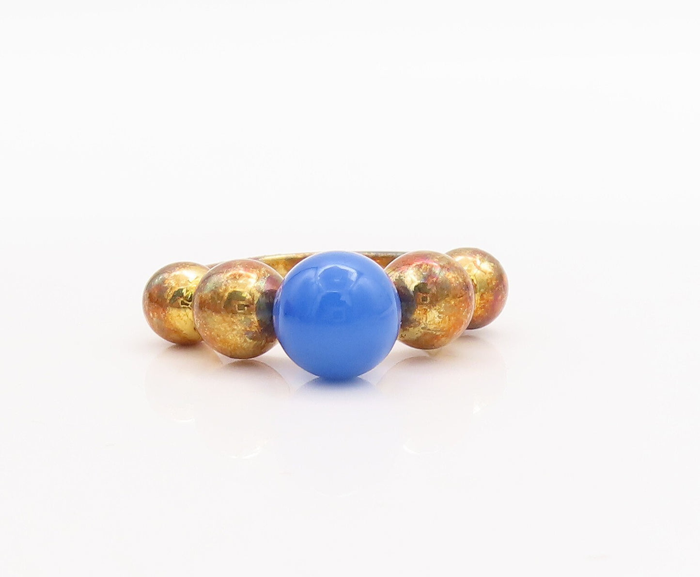 925 Sterling Silver Vintage Ring Gold Plated Bead Carved Blue Gem  Sz 7  RG29725