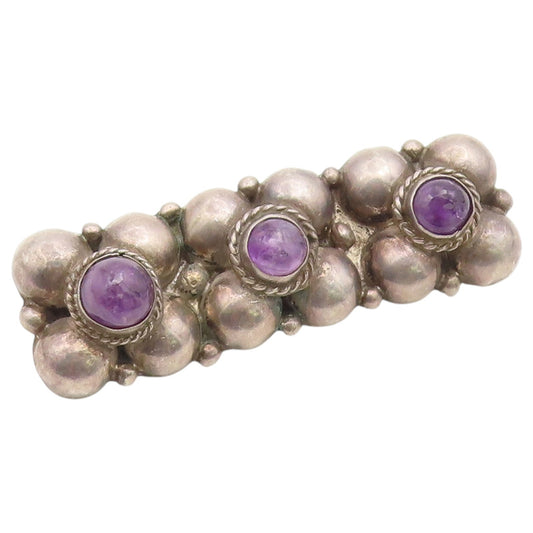 925 Sterling Silver Vintage Brooch Pin Cabochon Amethyst Floral Motif  BP12652