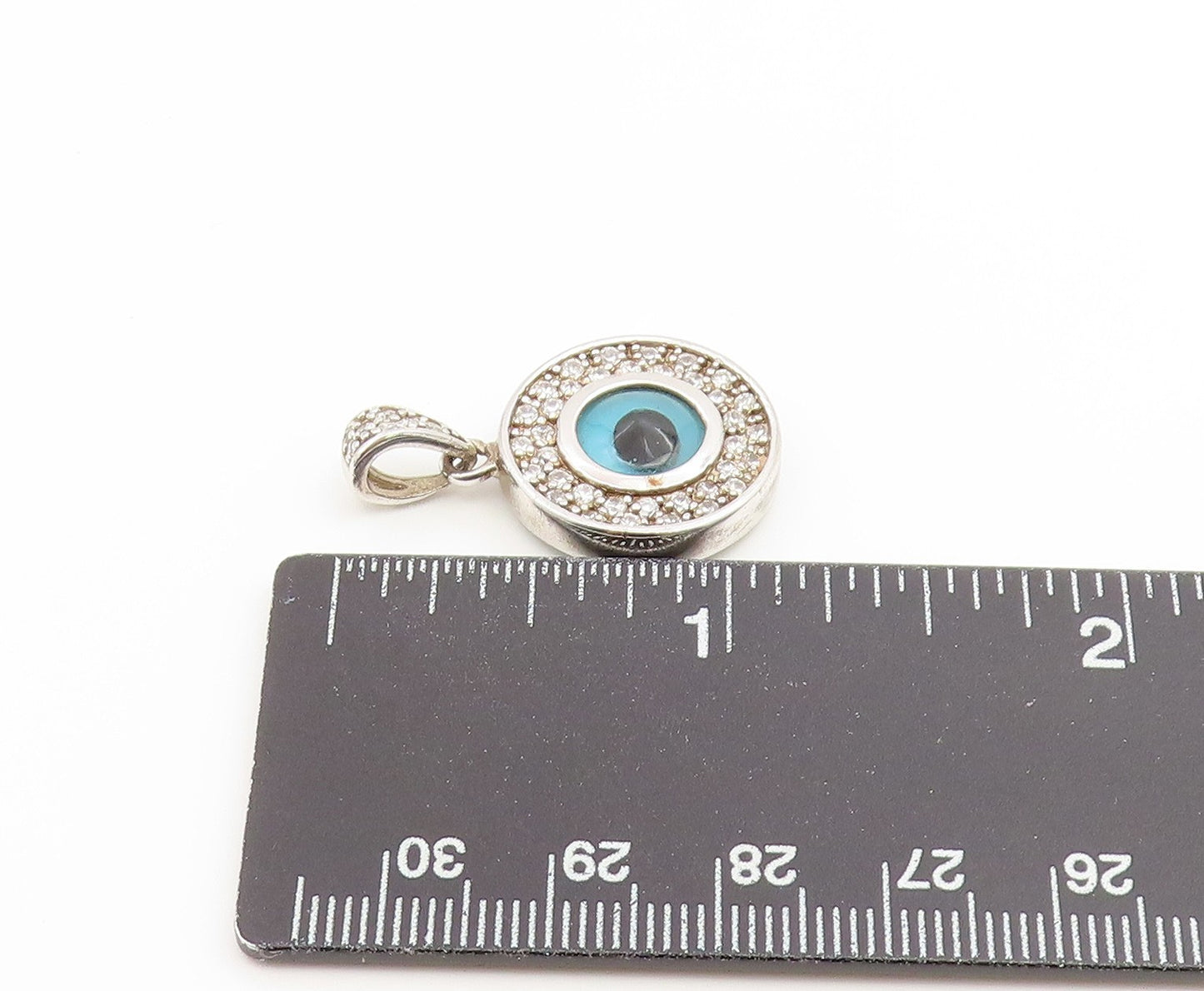 925 Sterling Silver Vintage Pendant CZ Classic Enamel Evil Eye Medal  PT26543