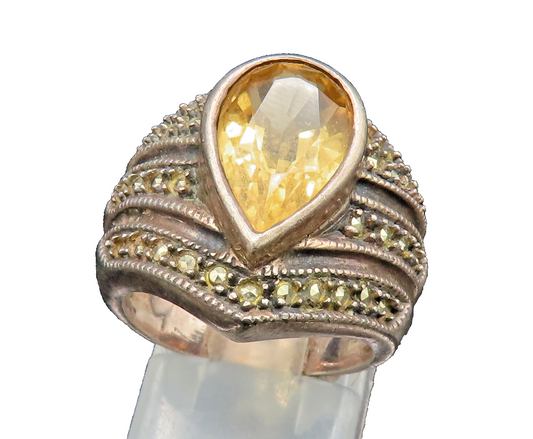 925 Silver  Vintage Pear Shaped Citrine & Marcasite Ribbed Ring Sz 6  RG24569