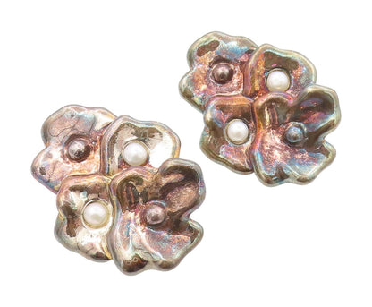 925 Sterling Silver Vintage Earrings BAT AMI ISRAEL Pearl Flowers  EG13372