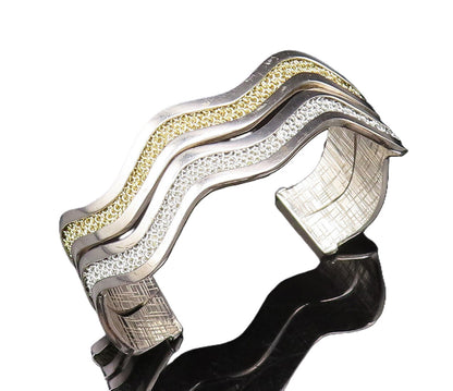 ADAMI & MARTUCCI 925 Silver  Vintage Two Tone Mesh Wavy Cuff Bracelet  BT9791