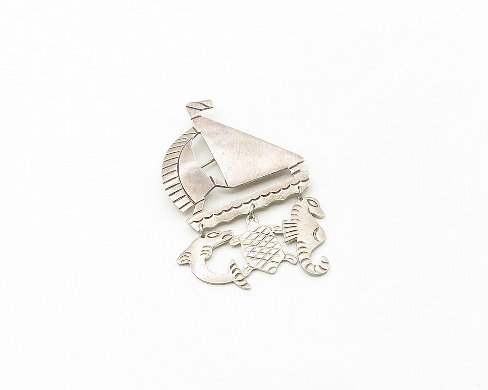 MEXICO 925 Silver  Vintage Dolphin Fish Seahorse Charm Boat Brooch Pin  BP7223