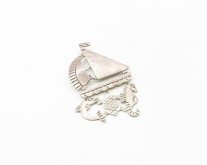MEXICO 925 Silver  Vintage Dolphin Fish Seahorse Charm Boat Brooch Pin  BP7223