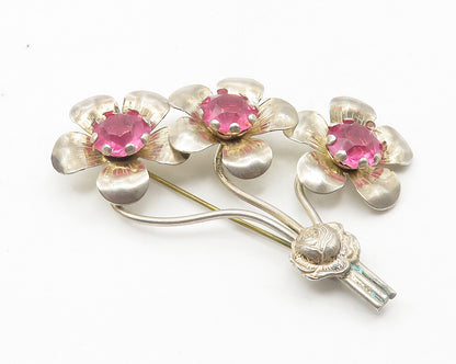 925 Sterling Silver  Vintage Pink Topaz Flower Bunch Motif Brooch Pin  BP4311