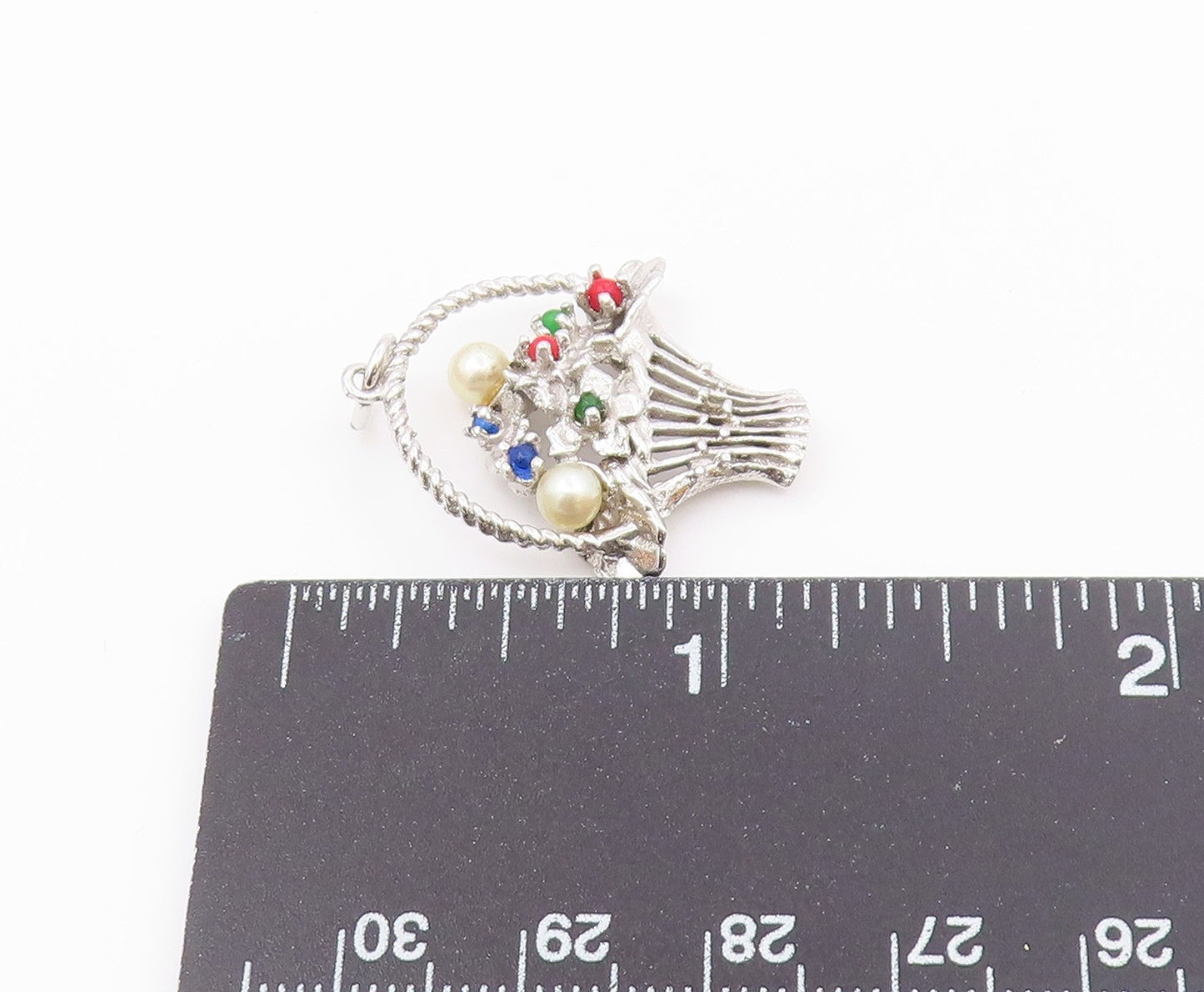 925 Silver Vintage Petite Pearls & Multi Stone Flower Basket Pendant PT18920