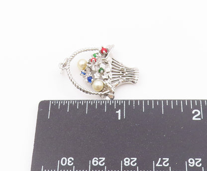 925 Silver Vintage Petite Pearls & Multi Stone Flower Basket Pendant PT18920