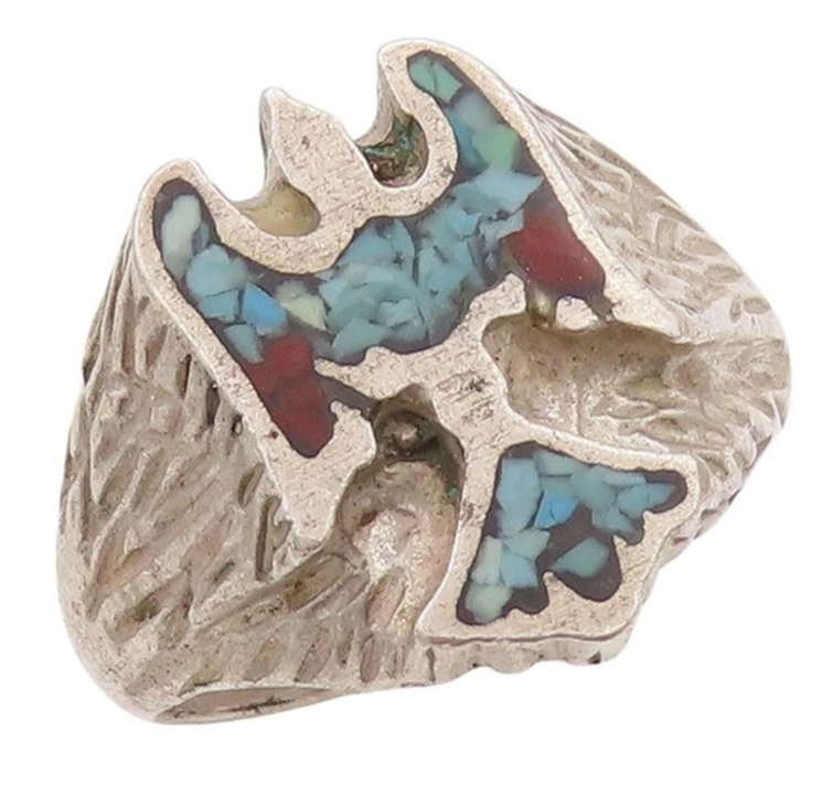 925 Sterling Silver Vintage Ring SOUTHWESTERN Bird Crush Turquoise Sz 8 RG28937