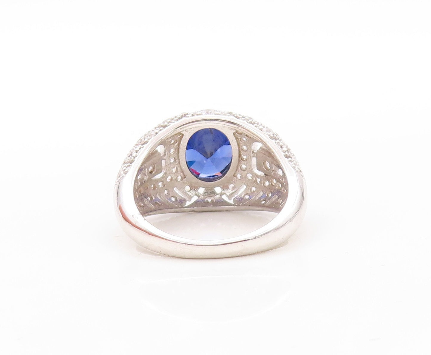 925 Sterling Silver Vintage Ring Designer Cutout Sapphire & CZ   Sz 7.5  RG30915