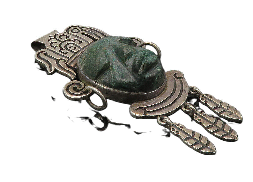 MEXICO 925 Sterling Silver  Vintage Face Carved Jasper Brooch Pin  BP4097