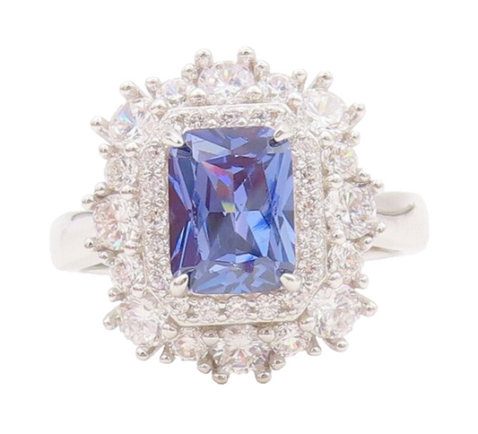 925 Sterling Silver Vintage Ring Designer Blue & White CZ Inlay  Sz 7  RG29796