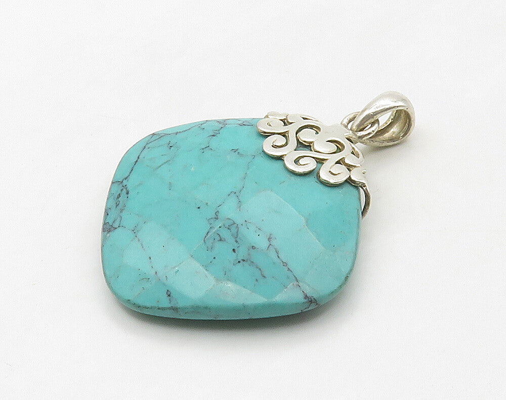 925 Sterling Silver  Vintage Faceted Turquoise Heart Swirl Pendant  PT12647