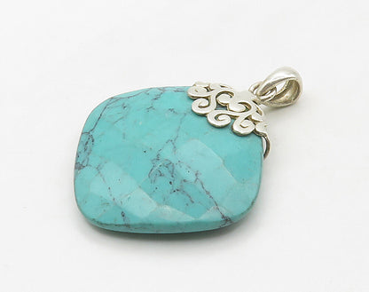 925 Sterling Silver  Vintage Faceted Turquoise Heart Swirl Pendant  PT12647