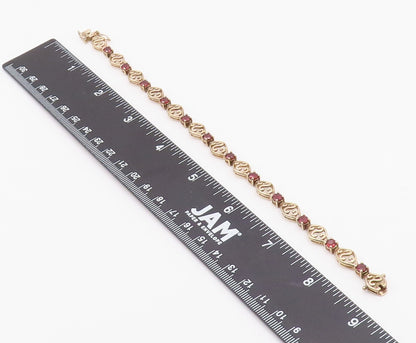 925 Sterling Silver Vintage Round Garnet & Openwork Swirl Link Bracelet BT9557