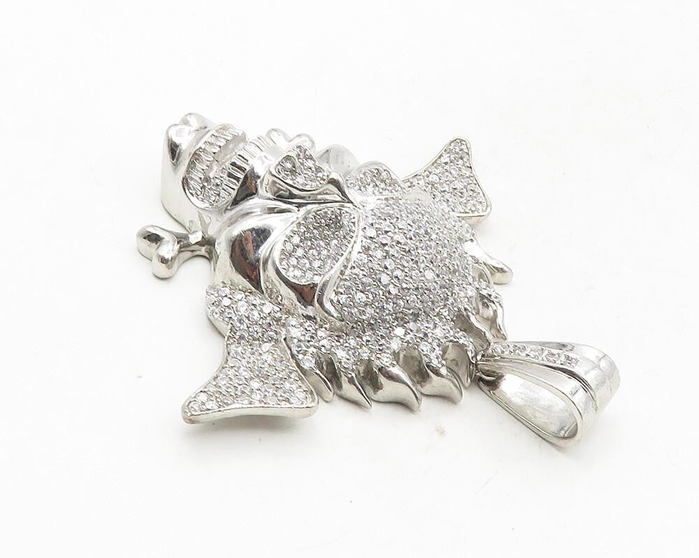 925 Sterling Silver  Sparkling Cubic Zirconia Skull & Bones Pendant  PT7916