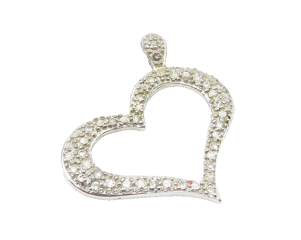 925 Sterling Silver  Vintage White Topaz Open Love Heart Pendant  PT8344