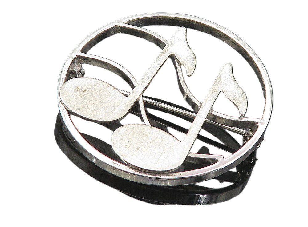BEAU 925 Sterling Silver  Vintage Music Notes Round Open Brooch Pin  BP3197