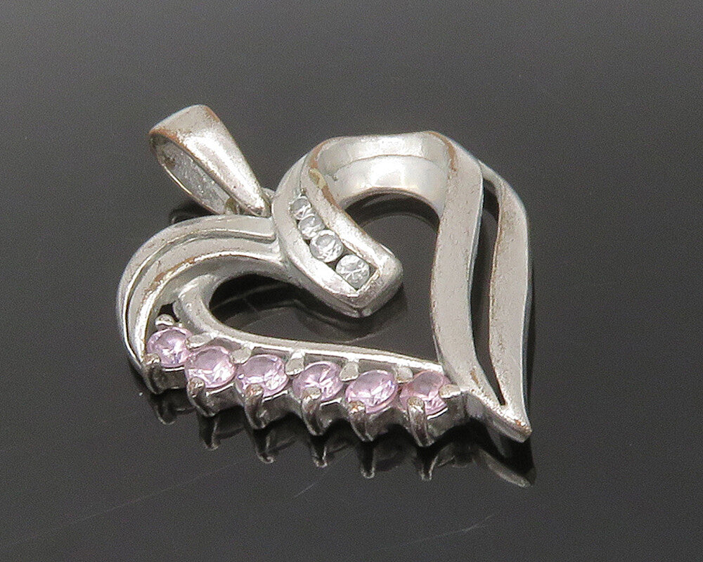 925 Sterling Silver  Vintage Pink Topaz Shiny Open Love Heart Pendant  PT13263