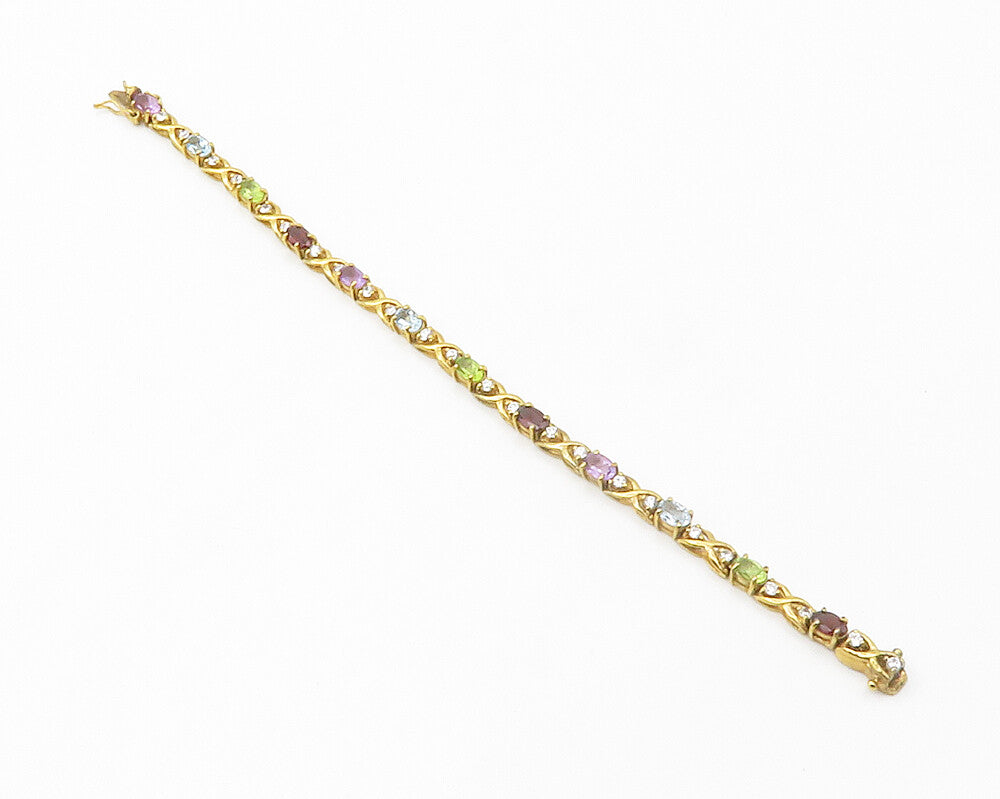 925 Sterling Silver  Amethyst Peridot Amethyst & Garnet Chain Bracelet  BT5453