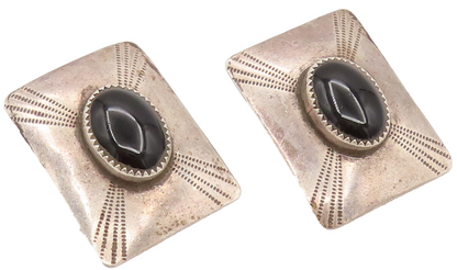 BB NAVAJO 925 Silver  Vintage Etched Lines Onyx Clip Back Earrings  EG12347