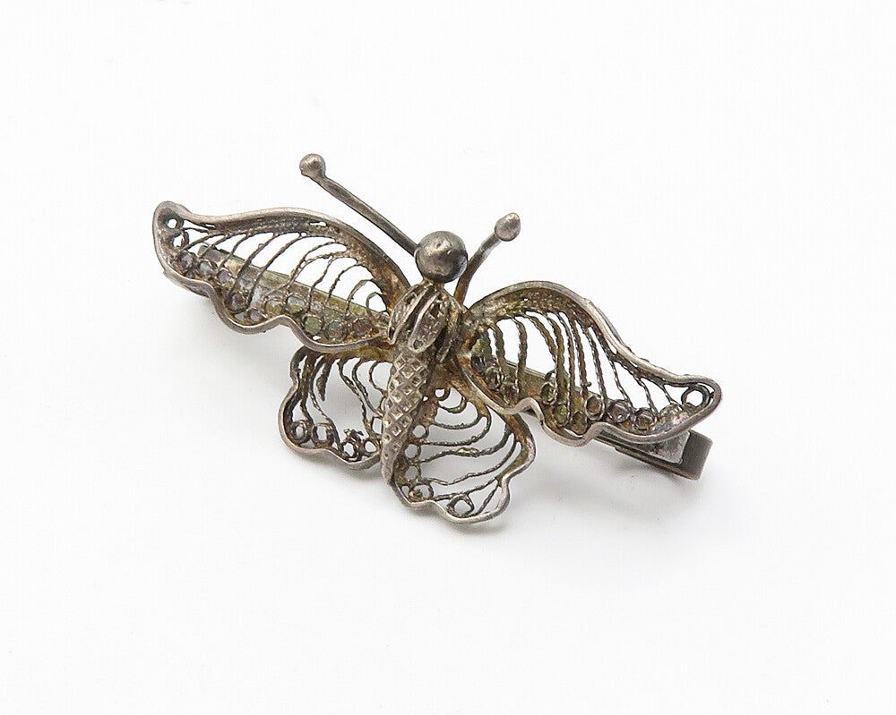925 Sterling Silver  Vintage Dark Tone Filigree Butterfly Brooch Pin  BP4200