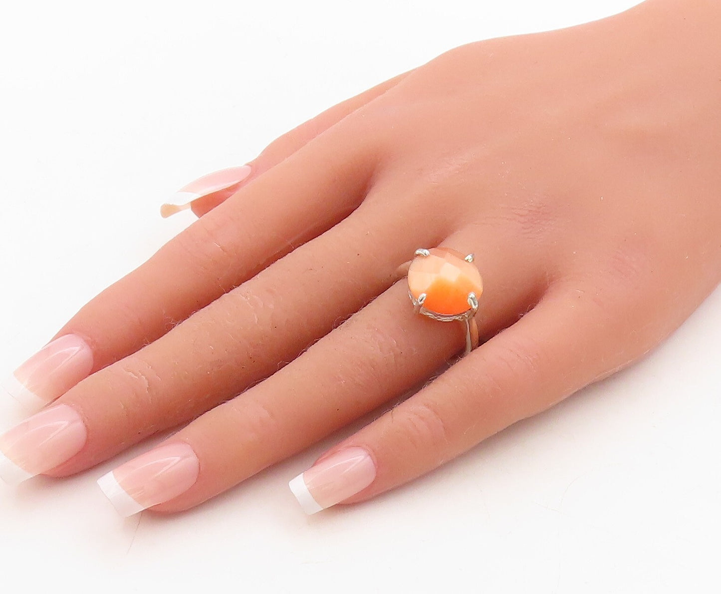 925 Sterling Silver Vintage Ring Round Cut Orange Cat's Eye  Sz 8  RG31325