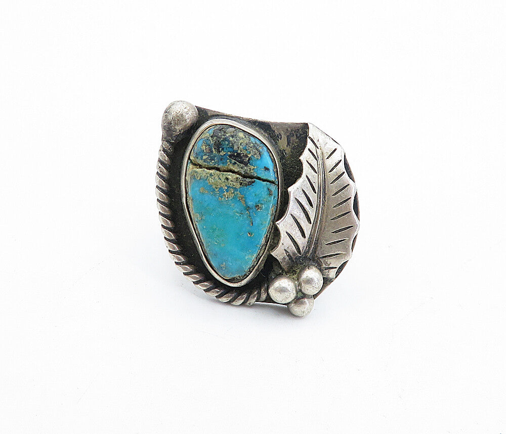 NAVAJO 925 Sterling Silver  Vintage Turquoise Floral Cocktail Ring Sz 8 RG5306