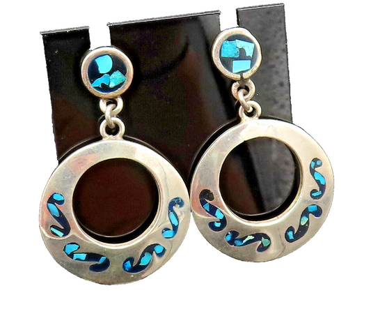 MEXICO 925 Sterling Silver Vintage Turquoise & Onyx Open Circle Earrings EG12250